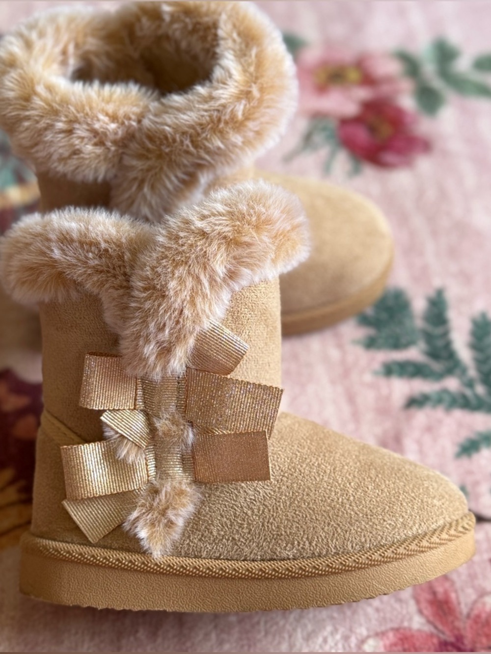 Girls Tan Faux-Fur Bow Winter Boots - Cozy Kids Snow Boot